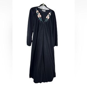 Vintage Vanity Fair Long Zip Up Robe Housecoat Woman M Pockets Black Floral Neck